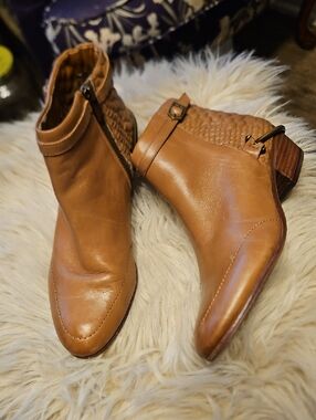 Sam Edelman Tan Leather Ankle Booties with Woven Heel Detail